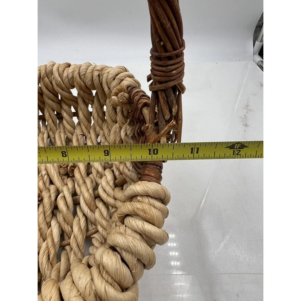 Rustic Woven Wicker and Rope Basket with Handle Natural Fiber Farmhouse Decor